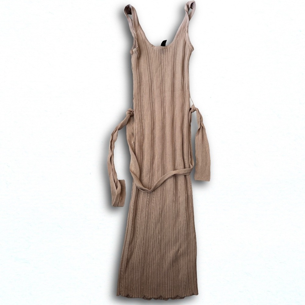 Windsor Tan Ribbed Knit Midi Dress Sleeveless Belted Scoop Neck D11538 Womens M